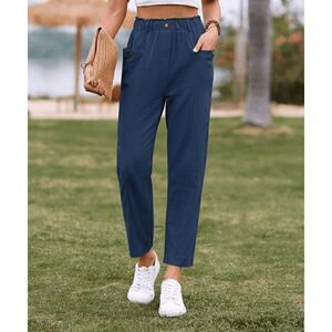E-Rétro Women's 100% cotton Navy Pocket Elastic-Waist Pants